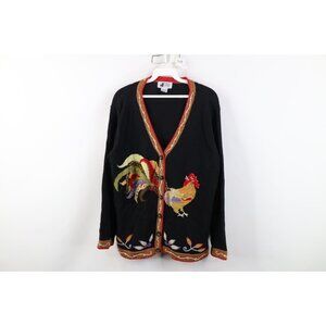 Vintage 90s Streetwear Womens Large Embroidered Flower Chicken Cardigan Sweater